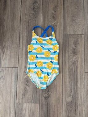 Mini Boden Blue & White Striped Floral One-Piece Swimsuit 6-7y